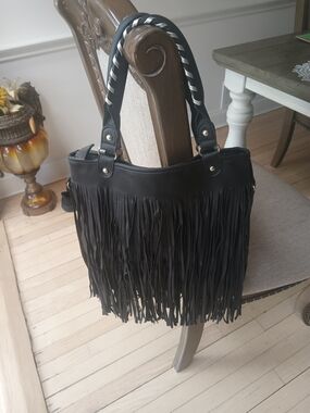 Black Fringe Tote Bag with Braided Handles